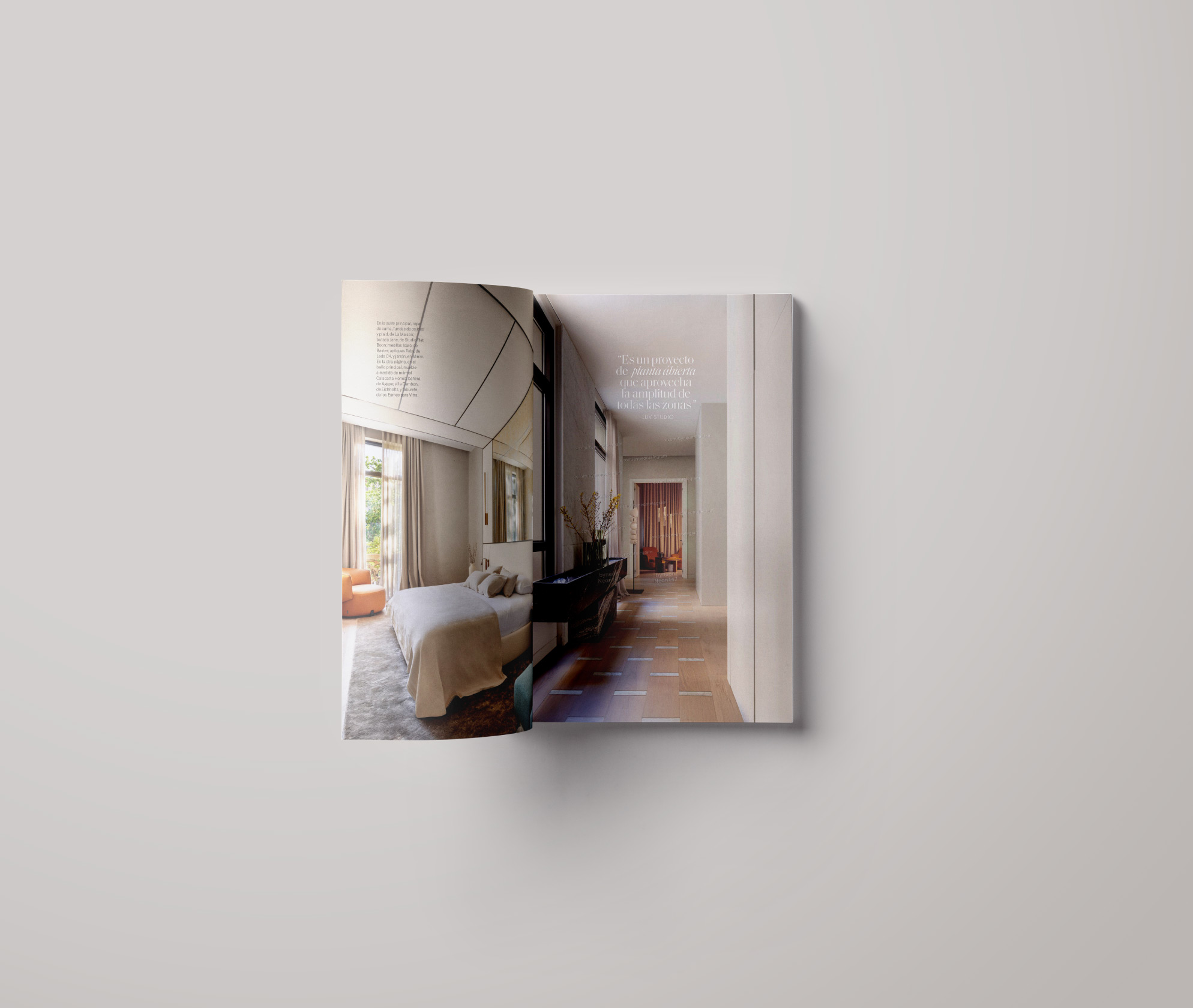 Bedroom and corridor designed by LUV Studio, with curved ceiling lines, warm materials and a calm, minimalist atmosphere.